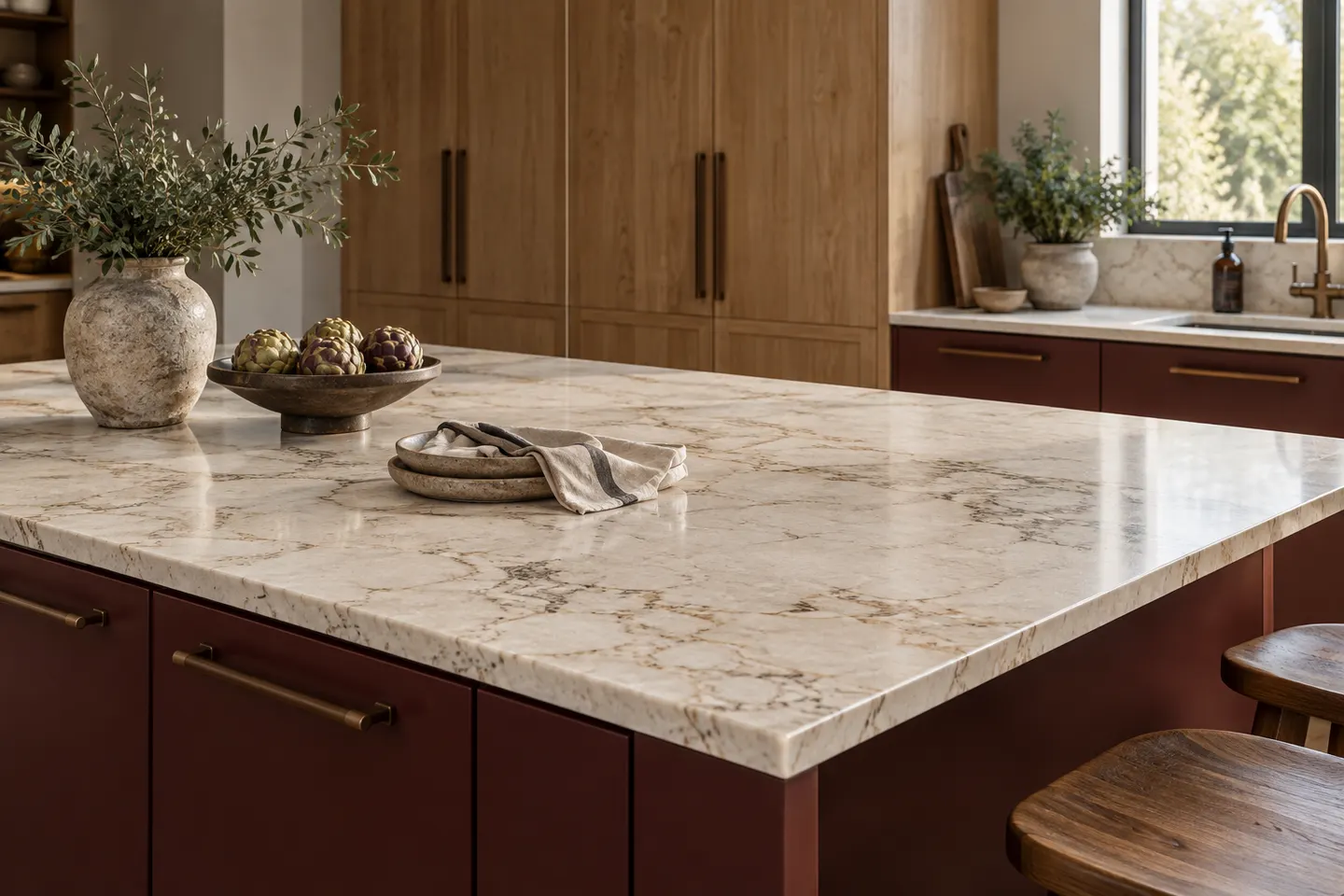Veined stone kitchen island with dark cabinetry and oak cupboards